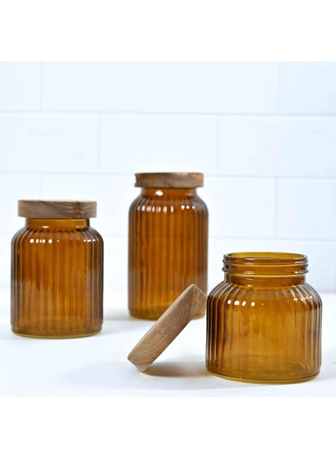Brown Glass Jars with Wooden Lids, Polygon Design, for Storage and Decoration, Set of 3